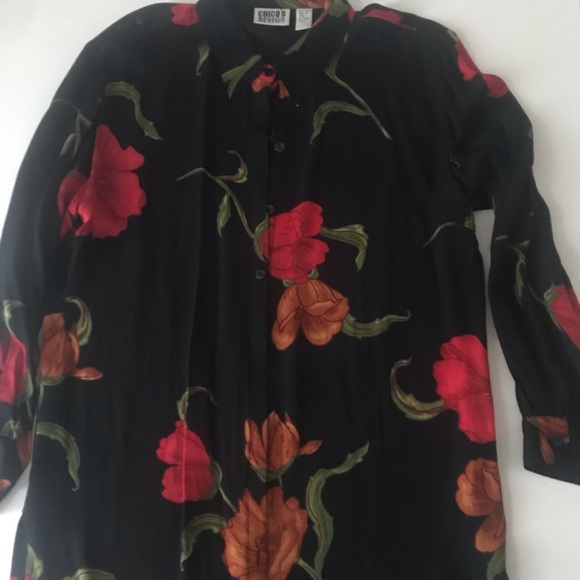 Chicos Design Silk Blouse Black Red Flowers Long Sheer Sz 2 - Picture 2 of 8